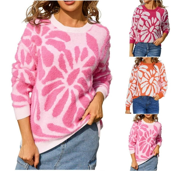 WRKEKC Women's Floral Print Knit Pullover Sweater Casual Crew Neck Long Sleeve Fall Tops Cozy Sweaters for Women