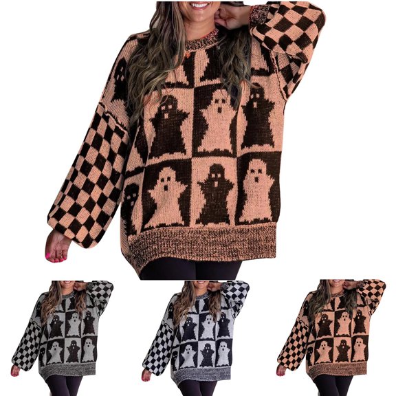WRKEKC Women's Halloween Round Neck Long Sleeve Oversized Sweater Casual Knit Top with Festive Pumpkin Design for Fall Parties