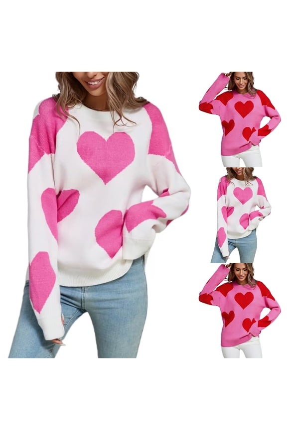 Women's Heart Print Crewneck Pullover Sweater Long Sleeve Valentine Fall Winter Sweet Knit Top Romantic Womens Sweater