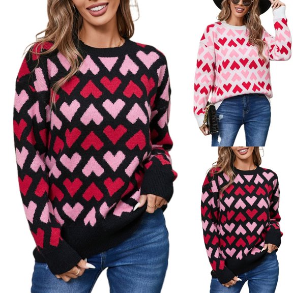 WRKEKC Women's Heart Printed Plush Fleece Crewneck Pullover Sweater Long Sleeve Casual Soft Cozy Winter Warm Knit Top Womens Sweater