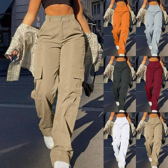 WRKEKC Women's High Waisted Cargo Pants Solid Color Non Stretch Utility Trousers Fixed Waistband with Multi Pockets Durable Fabric for Work Casual and Rugged Outdoor Use
