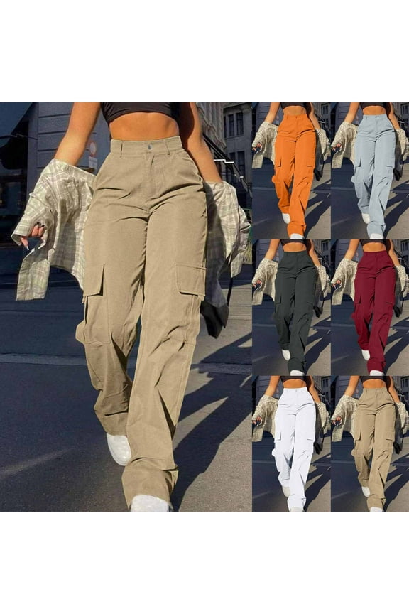 Women's High Waisted Cargo Pants Solid Color Non Stretch Utility Trousers Fixed Waistband with Multi Pockets Durable Fabric for Work Casual and Rugged Outdoor Use
