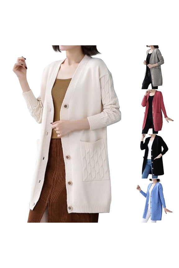 Women's Longline V Neck Cardigan Sweater Open Front Knit Jacket with Pockets Fall Cover Up Plus Size Womens Sweater