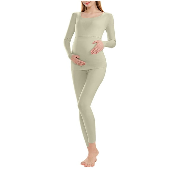 WRKEKC Women's Maternity Winter Thermal Underwear Crew Neck Long Sleeve Warm Layering Top and Pant Set for Pregnant Women Cozy Sleepwear and Loungewear Outfit
