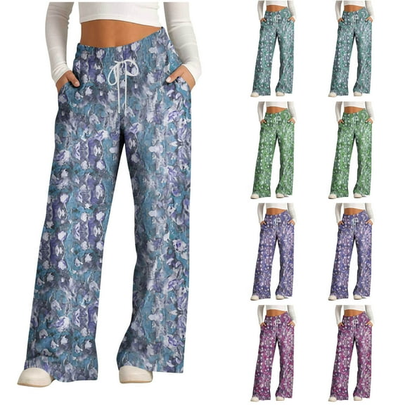 WRKEKC Women's Printed Wide Leg Lounge Pants with Drawstring Elastic Waist Flowy Comfort Fit Lightweight Breathable Fabric for Casual Outings and Vacation Wear