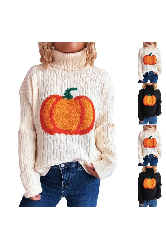 Women's Pumpkin Print Knit Turtleneck Sweater High Neck Casual Long Sleeve Pullover for Autumn Thanksgiving Gatherings