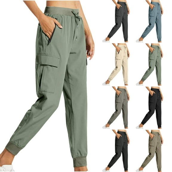 WRKEKC Women's Solid Color Cargo Sweatpants with Adjustable Drawstring and Multi Pockets Elastic Utility Pants Relaxed Fit for Hiking Outdoor Casual Comfort
