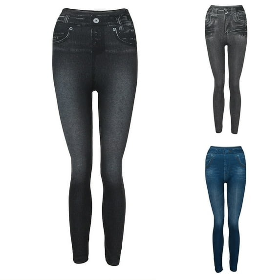 WRKEKC Women's Solid Color Faux Denim Leggings Stretch Jeggings High Waisted Tummy Control Compression Fit for Everyday Casual and Light Activities