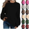 thumbnail image 1 of WRKEKC Women's Solid Color Lantern Sleeve Knit Pullover Sweater Casual Crew Neck Long Sleeve Fall Tops Unique Womens Sweater, 1 of 6