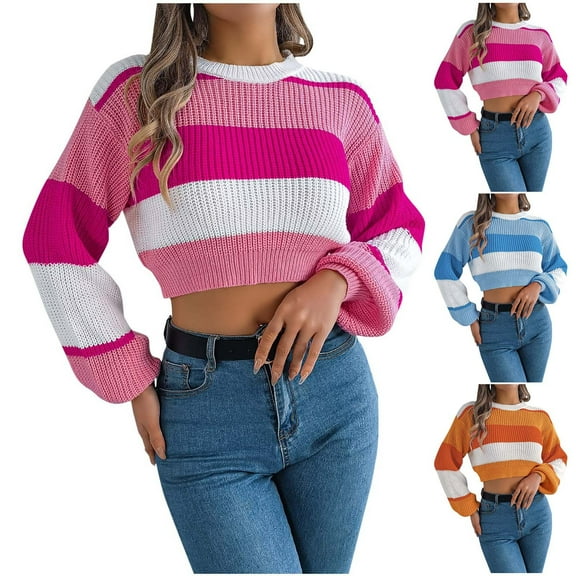 WRKEKC Women's Striped Print Crop Knit Pullover Sweater Casual Crew Neck Lantern Sleeve Fall Tops Trendy Oversized Style