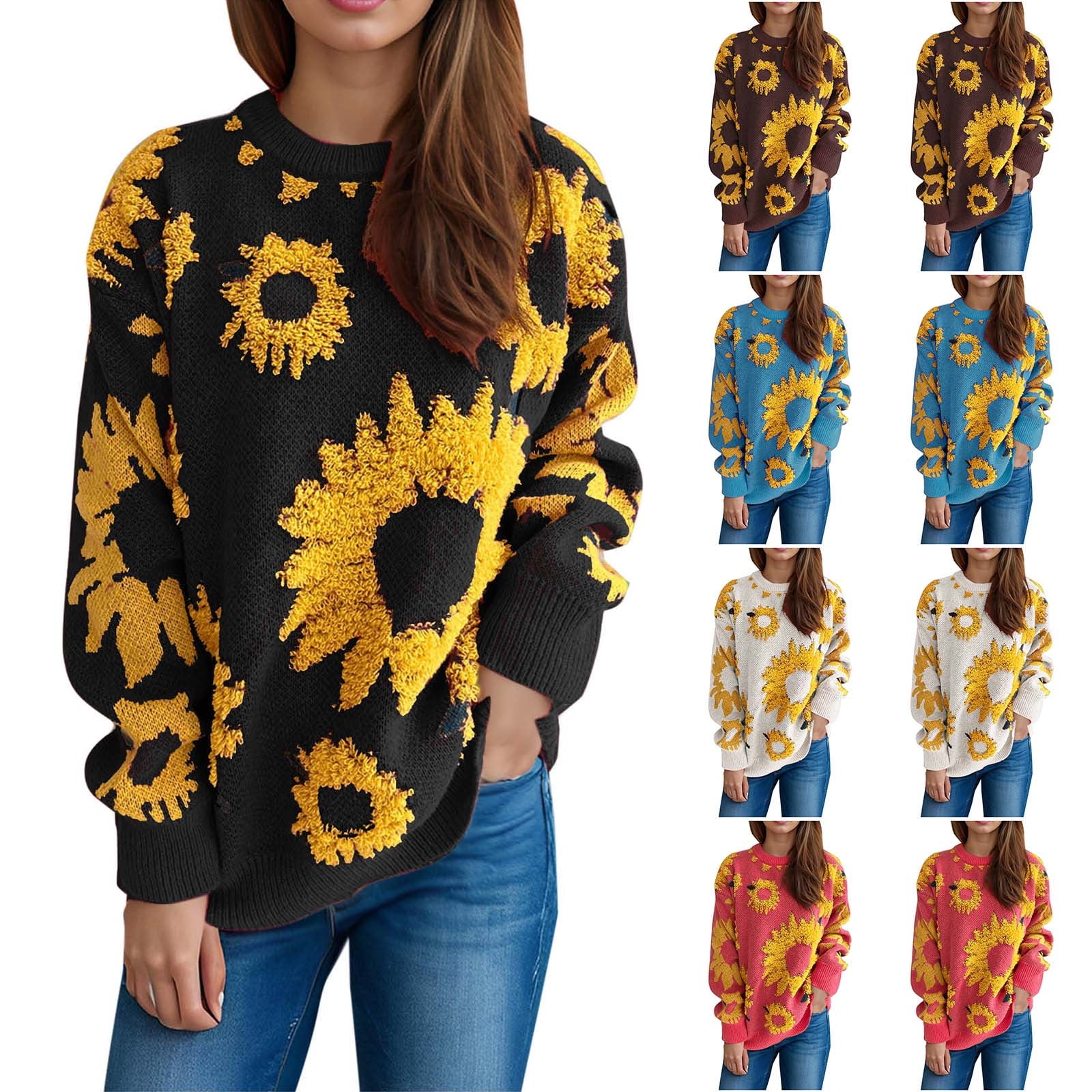 WRKEKC Women's Sunflower Jacquard Crewneck Knit Pullover Sweater
