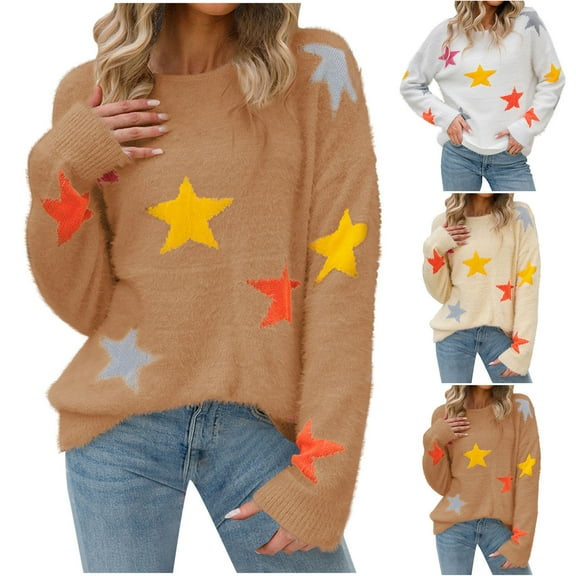 WRKEKC Women's Velvet Soft Knit Pullover Sweater Stars Print Crewneck Long Sleeve Casual Plush Cozy Basic Tops Womens Sweater