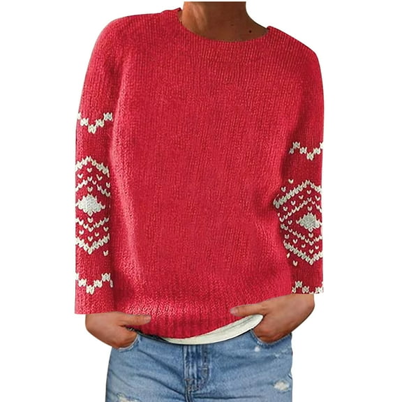 WRKEKC Women's Vintage Print Knit Pullover Sweater Crewneck Long Sleeve Casual Modern Design Loose Fit Trendy Tops Womens Sweater