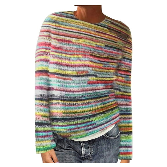 WRKEKC Women's Vintage Print Knit Pullover Sweater Crewneck Long Sleeve Casual Modern Design Loose Fit Trendy Tops Womens Sweater