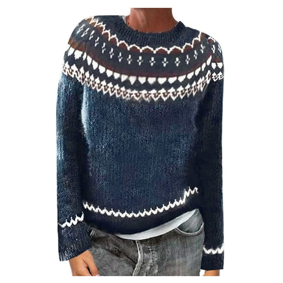 WRKEKC Women's Vintage Print Knit Pullover Sweater Crewneck Long Sleeve Casual Modern Design Loose Fit Trendy Tops Womens Sweater
