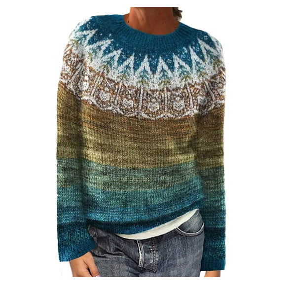 WRKEKC Women's Vintage Print Knit Pullover Sweater Crewneck Long Sleeve Casual Modern Design Loose Fit Trendy Tops Womens Sweater