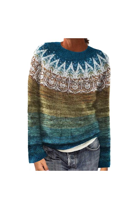 Women's Vintage Print Knit Pullover Sweater Crewneck Long Sleeve Casual Modern Design Loose Fit Trendy Tops Womens Sweater