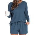 thumbnail image 1 of WRKEKC Women's Waffle Knit Pajamas Set Long Sleeve Top and Short Pant Casual Wearable Outside Homewear Breathable Sleepwear for Women, 1 of 3