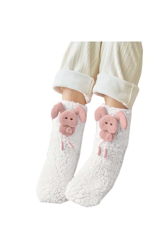 Women's Warm Boot Socks Sherpa Lined Cartoon Bunny Decor Non Slip Home Floor Socks Multiple Colors for Winter Cozy Wear