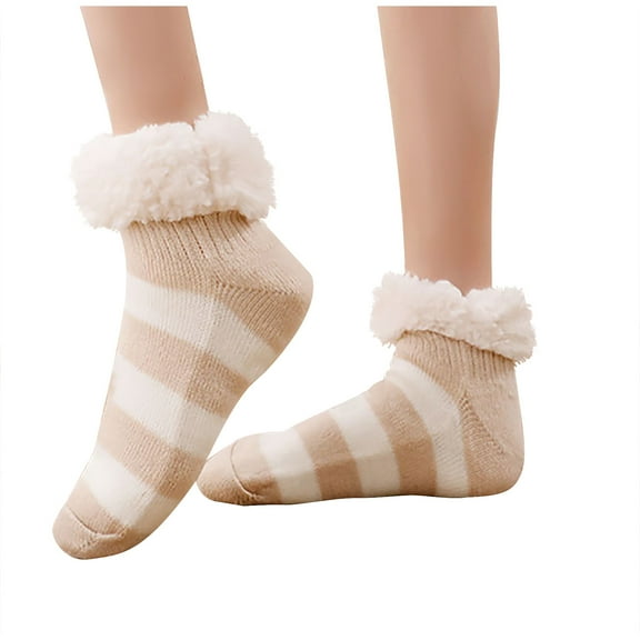 WRKEKC Women's Warm Boot Socks for Winter Home Fleece Lined Thickened Slipper Socks with Fuzzy Cuff Striped Print for Cozy Casual Wear