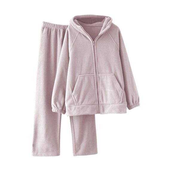 WRKEKC Women's Winter Lounge Sets Solid Color Crew Neck Cardigan Fleece Lined Sherpa Hooded Long Sleeve Long Pant Sleepwear Set for Women Warm Cozy
