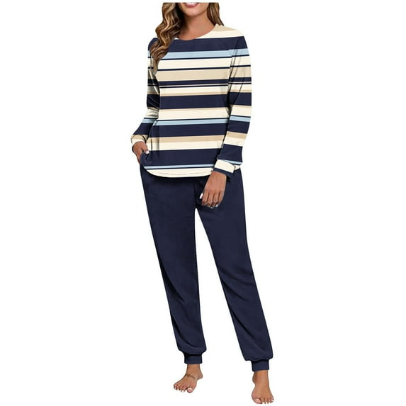 WRKEKC Women's Winter Pajamas Set Double Fleece Printed Raglan Long Sleeve Cuffed Crew Neck Top and Cuffed Long Pant Homewear Sleepwear