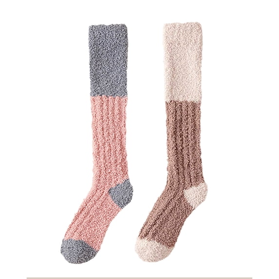 WRKEKC Women's Winter Warm Knee High Socks Color Block Fuzzy Soft Home Floor Socks for Winter Cozy Casual Wear