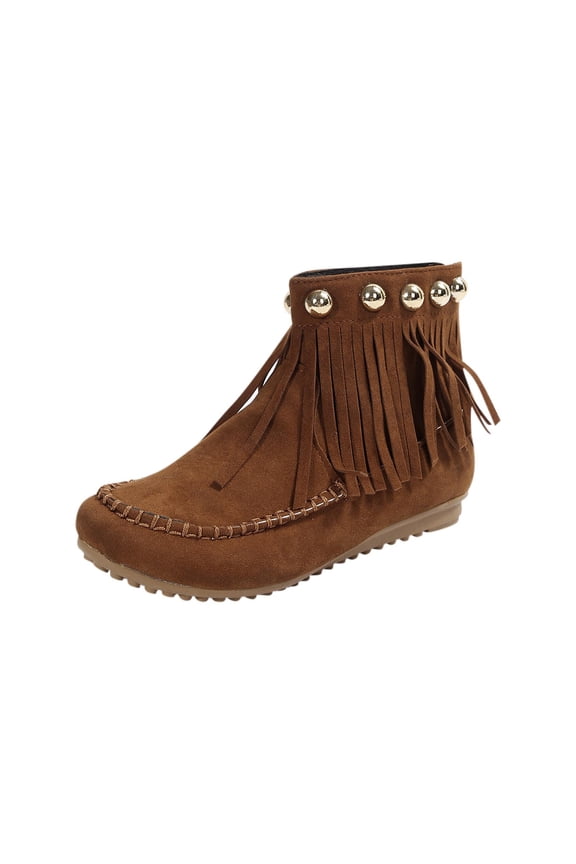 Womens Boots Ankle Booties Solid Round Toe Pull On Flat Sole Short Boots with Tassel Edge for Ladies