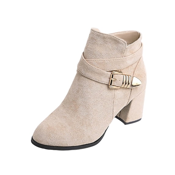 WRKEKC Womens Boots Ankle Booties Solid Round Toe Side Zipper Belt Buckle Thick Heel Mid Heel Short Boots for Ladies
