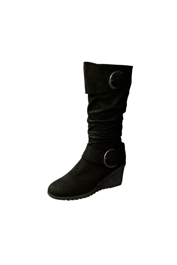 Womens Boots Knee High Boots Solid Round Toe Side Zipper Thick Sole Wedge Heel Pleated Stacked Long Boots