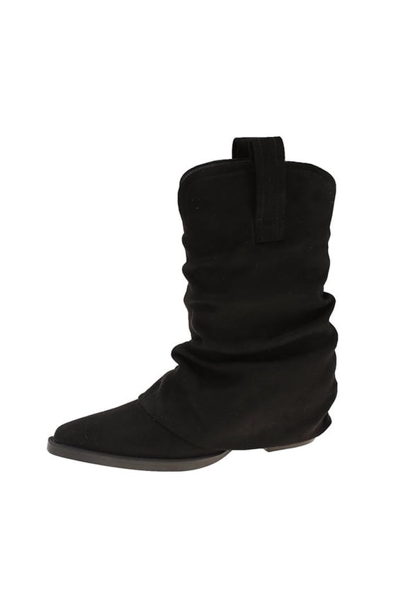 Womens Boots Mid Calf Boots Solid Pointed Toe Pull On Low Heel Thick Heel Pleated Stacked Boots for Ladies