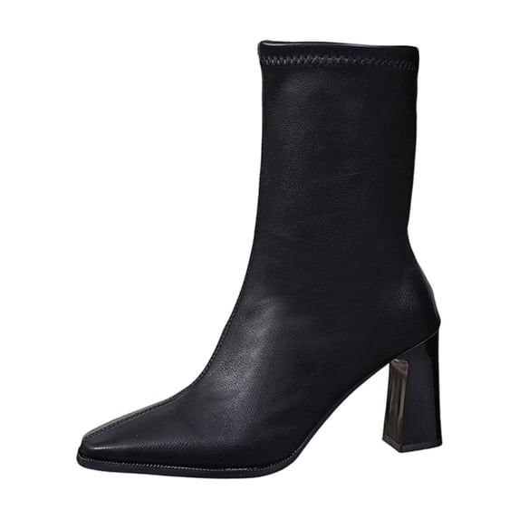 WRKEKC Womens Boots Mid Calf Boots Solid Square Toe Thick Heel Mid Heel Straight Short Boots for Ladies Winter
