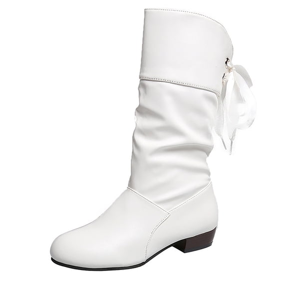 WRKEKC Womens Boots Pleated Student Style Boots Low Heel Round Toe Back Lace Up Warm Mid Calf Fall Winter Shoes