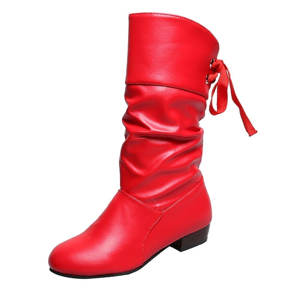 WRKEKC Womens Boots Pleated Student Style Boots Low Heel Round Toe Back Lace Up Warm Mid Calf Fall Winter Shoes
