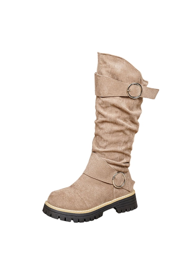 Womens Boots Suede Round Toe Thick Sole Comfortable Buckle Strap Fleece Lined Stacked Boots Warm Winter Shoes