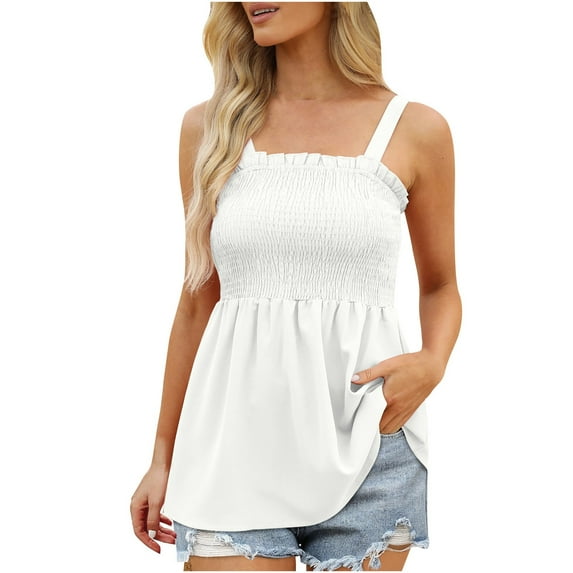 WRKEKC Womens Cami Tank Tops Solid Color Thin Strap Smocked Waist Ruffled Hem Sleeveless Tank Top for Summer Styling and Casual Gatherings