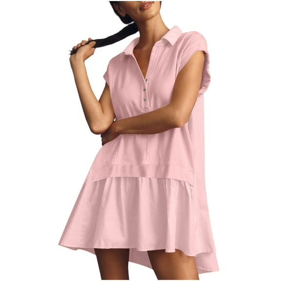 WRKEKC Womens Casual Plus Size T-Shirt Dresses, Summer Short Sleeve Dress for Women, Women's Solid Color Lapel Collar Hoodie Patchwork Oversized Short Sleeve Dress