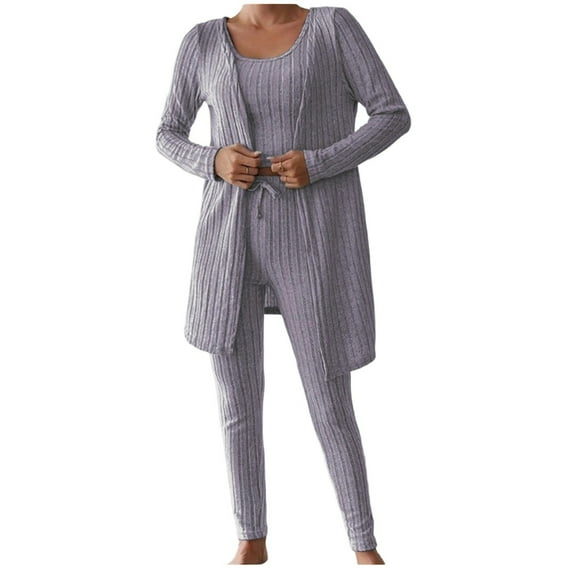 WRKEKC Womens Crew Neck Ribbed Casual Solid Color Three Piece Loungewear Set for Women Comfortable Home Nightwear Outfit