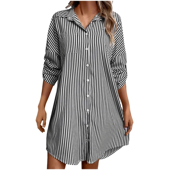 WRKEKC Womens Dresses Casual Print Long Sleeve Collared Midi Dress for Fall Winter Stripe Pattern Button Front Shirt Dress Style with Belt and Side Pockets