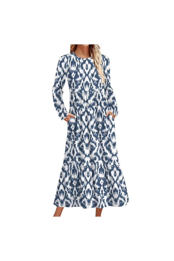 Womens Dresses Casual Print Long Sleeve Round Neck Maxi Dress for Fall Winter Boho Style Pockets Floral Pattern Flowy Hem with Back Zip