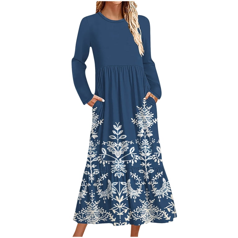 Wrkekc Womens Dresses Casual Print Long Sleeve Round Neck Maxi Dress for Fall Winter Boho Style Pockets Floral Pattern Flowy Hem with Back Zip,