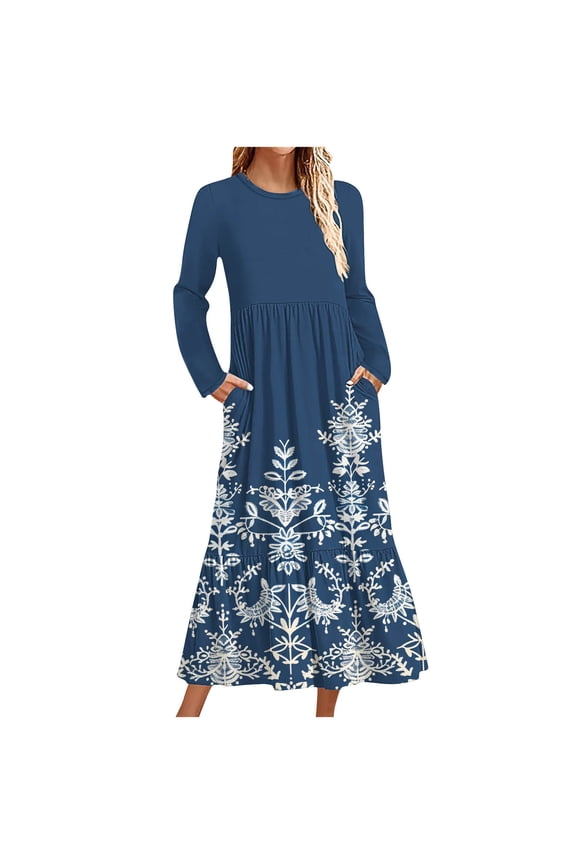 Womens Dresses Casual Print Long Sleeve Round Neck Maxi Dress for Fall Winter Boho Style Pockets Floral Pattern Flowy Hem with Back Zip