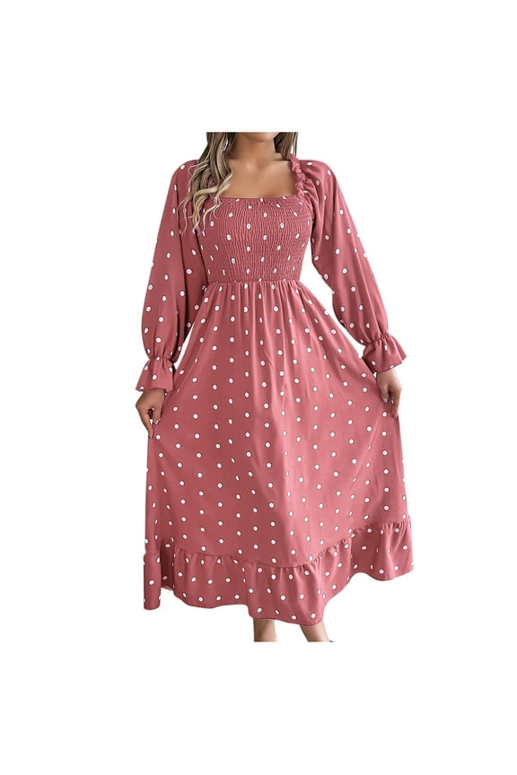 Womens Dresses Casual Print Long Sleeve Square Neck Knee Length Dress for Fall Winter Polka Dot Pattern Fit and Flare with Back Zip
