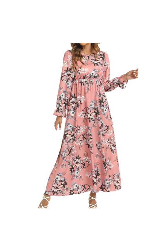 Womens Dresses Casual Print Long Sleeve V-Neck Maxi Dress for Fall Winter High Waist Floral Pattern Flowy Hem with Side Slits and Back Zip