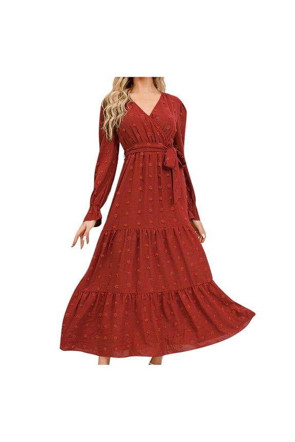 Womens Dresses Casual Print Long Sleeve V-Neck Midi Dress for Fall Winter Jacquard Pattern Tie Waist A Line Cut with Side Slits and Lining