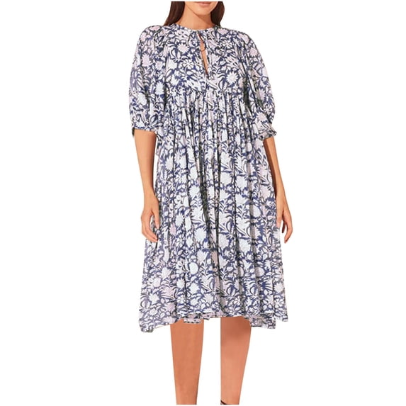 WRKEKC Womens Dresses Casual Print V-Neck Long Sleeve Maxi Dress with Boho Style and Flowy Skirt
