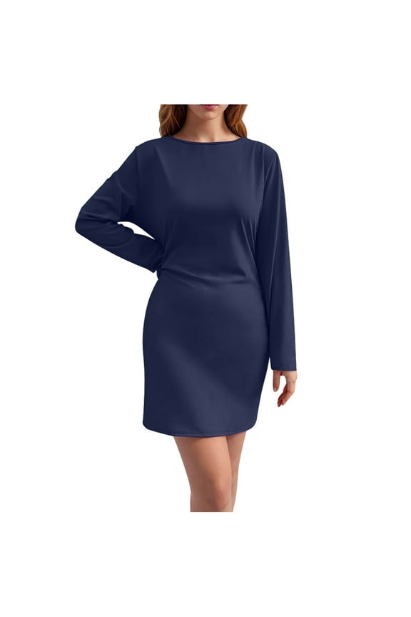 Womens Dresses Casual Solid Color Long Sleeve Boat Neck Mini Dress for Fall Winter Bodycon Soft Knit Back Zip Curve Hugging Silhouette and Cuffs