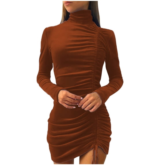 WRKEKC Womens Dresses Casual Solid Color Long Sleeve High Neck Midi Dress for Fall Winter Soft Fabric Knee Length with Side Slits and Back Zip