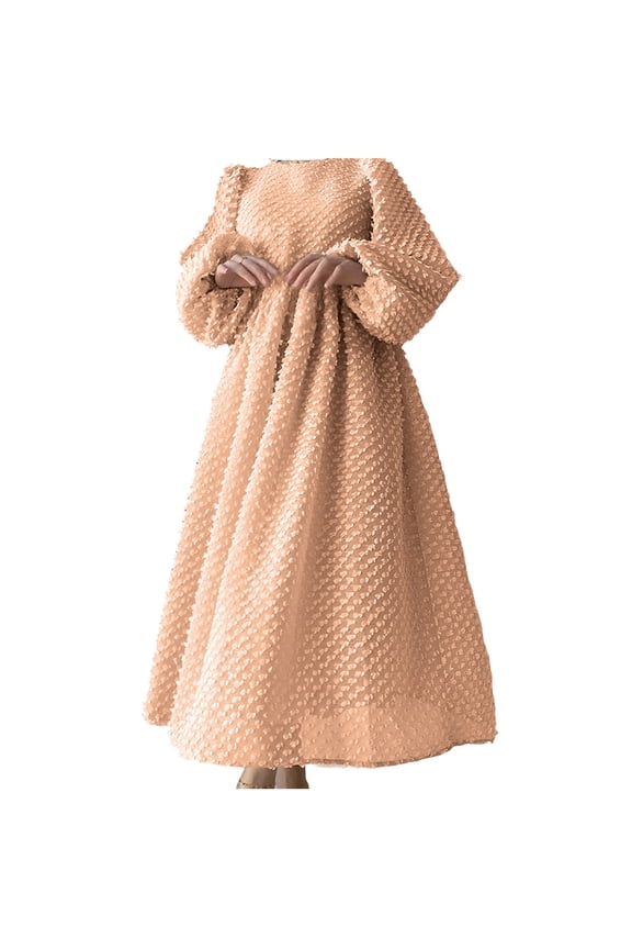 Womens Dresses Casual Solid Color Long Sleeve Round Neck Midi Dress for Fall Winter Lantern Sleeve A Line Cut with Soft Fabric and Back Keyhole