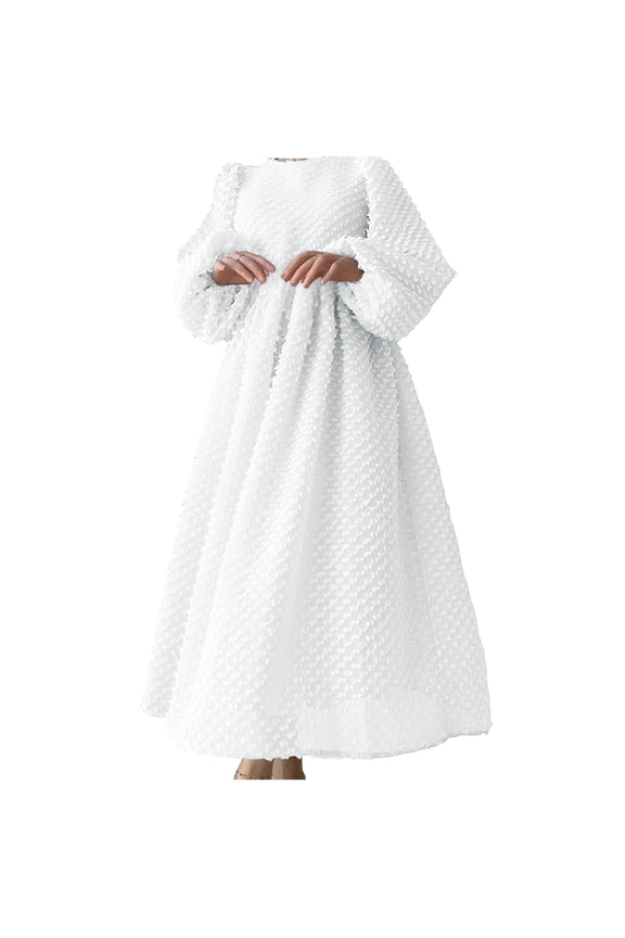 Womens Dresses Casual Solid Color Long Sleeve Round Neck Midi Dress for Fall Winter Lantern Sleeve A Line Cut with Soft Fabric and Back Keyhole